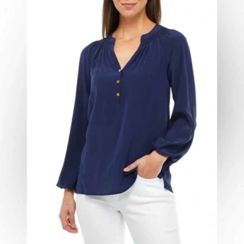 Lily Pulitzer Elsa Silk Blouse, Size Small - Navy